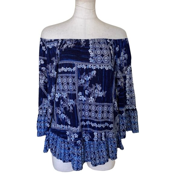 Style & Co Boho-Chic Blue Floral Bell Sleeve Blouse Size PM - Picture 5 of 7